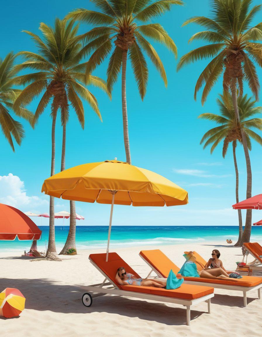 A vibrant beach scene featuring a diverse group of stylish individuals wearing trendy swimwear, lounging under colorful umbrellas, and enjoying a sunny day by the turquoise ocean. Include accessories like beach hats, sunglasses, and beach bags to highlight summer fashion. Incorporate lively tropical elements such as palm trees and beach volleyball for added energy. The overall feel should be playful and inviting. super-realistic. bright colors. summer vibe.